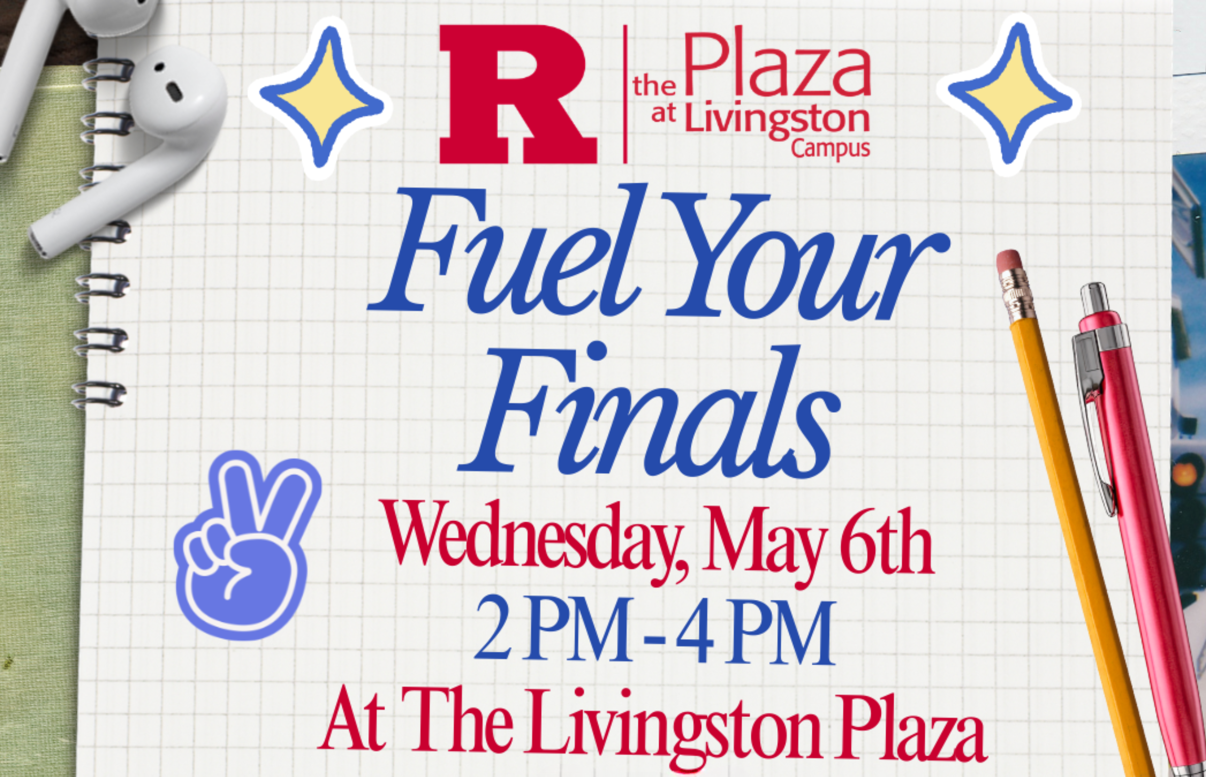 Fuel Your Finals, May 6th, 2PM to 4PM at the Livingston Plaza. Snacks, sticker bar, and freebies. First come, first served, weather permitting.